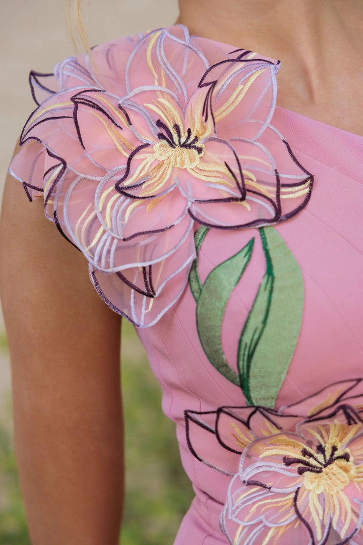 Pink One Shoulder Mermaid Gown With 3D Flower - FOSTANI.com