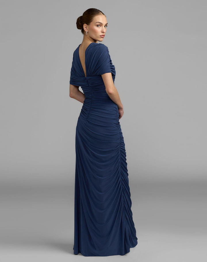 Mac Dugga; 13244 Navy Embellished Jersey Draped Column Gown