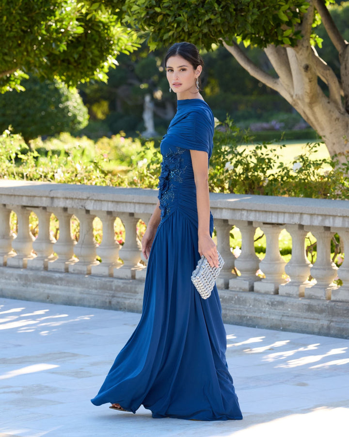 Mac Dugga; 13244 Navy Embellished Jersey Draped Column Gown