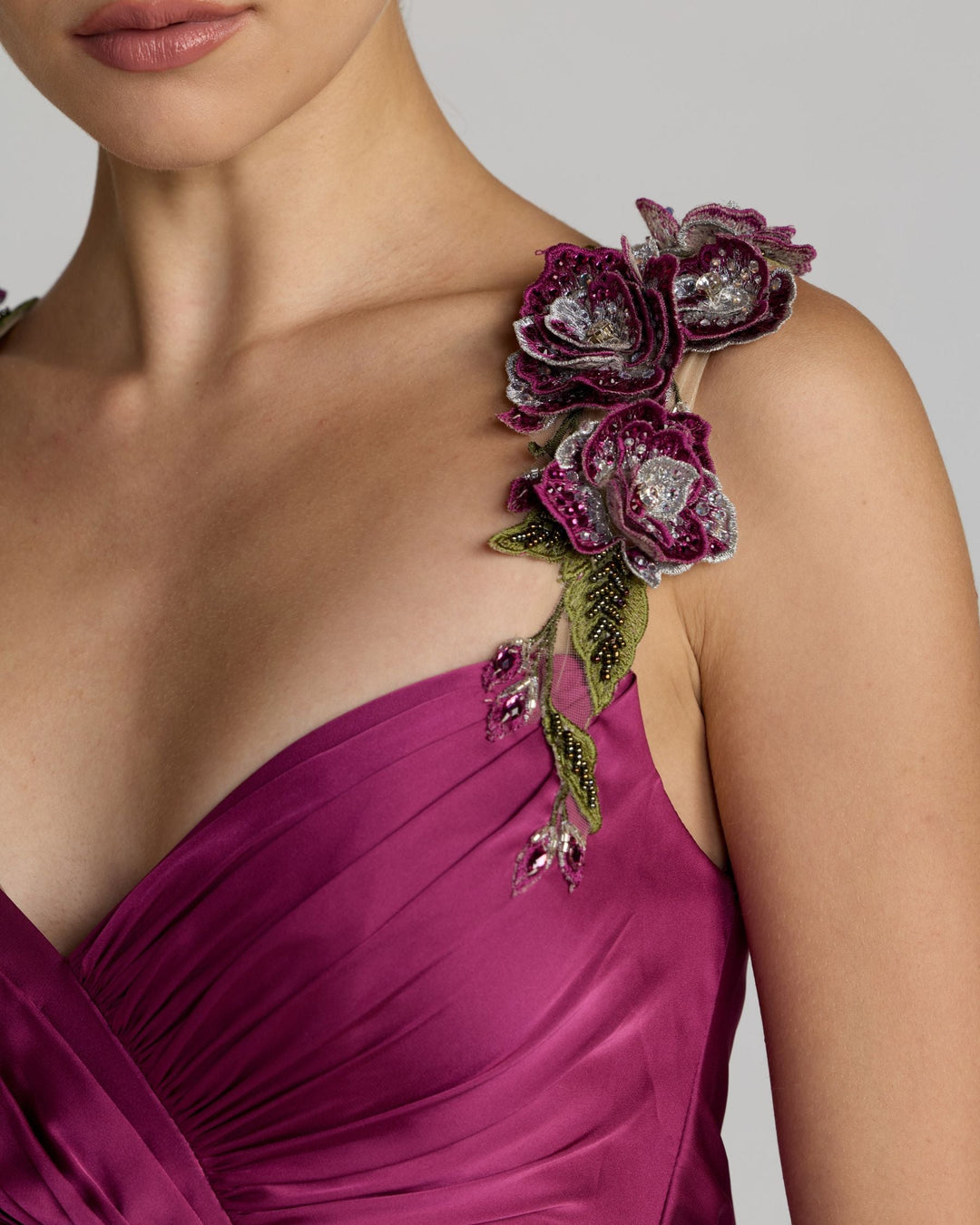 Mac Duggal 13263 Purple Pleated High Low Gown With 3D Floral Straps