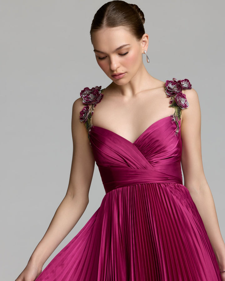 Mac Duggal 13263 Purple Pleated High Low Gown With 3D Floral Straps