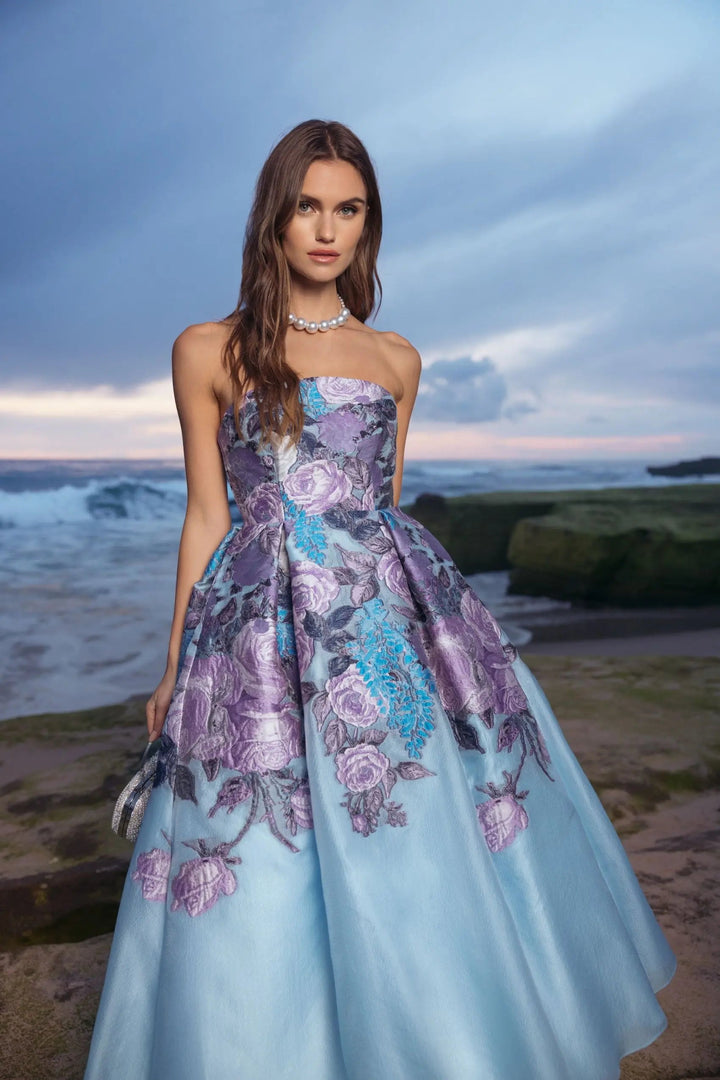 Blue Floral Embroidered Strapless Organza Midi Dress - FOSTANI.com