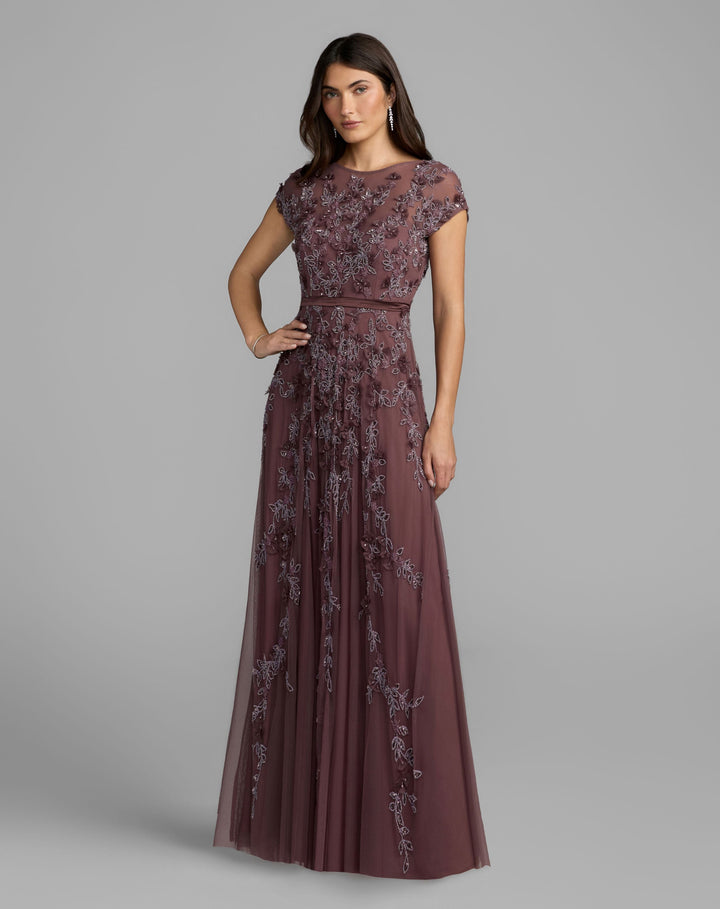 Mac Duggal 14521 Floral Embellished Cap Sleeve Gown Dress