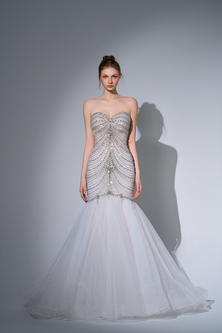 Delilah SH12065 Strapless Draped Crystal Chain Mermaid Gown with Tulle Skirt - White front view
