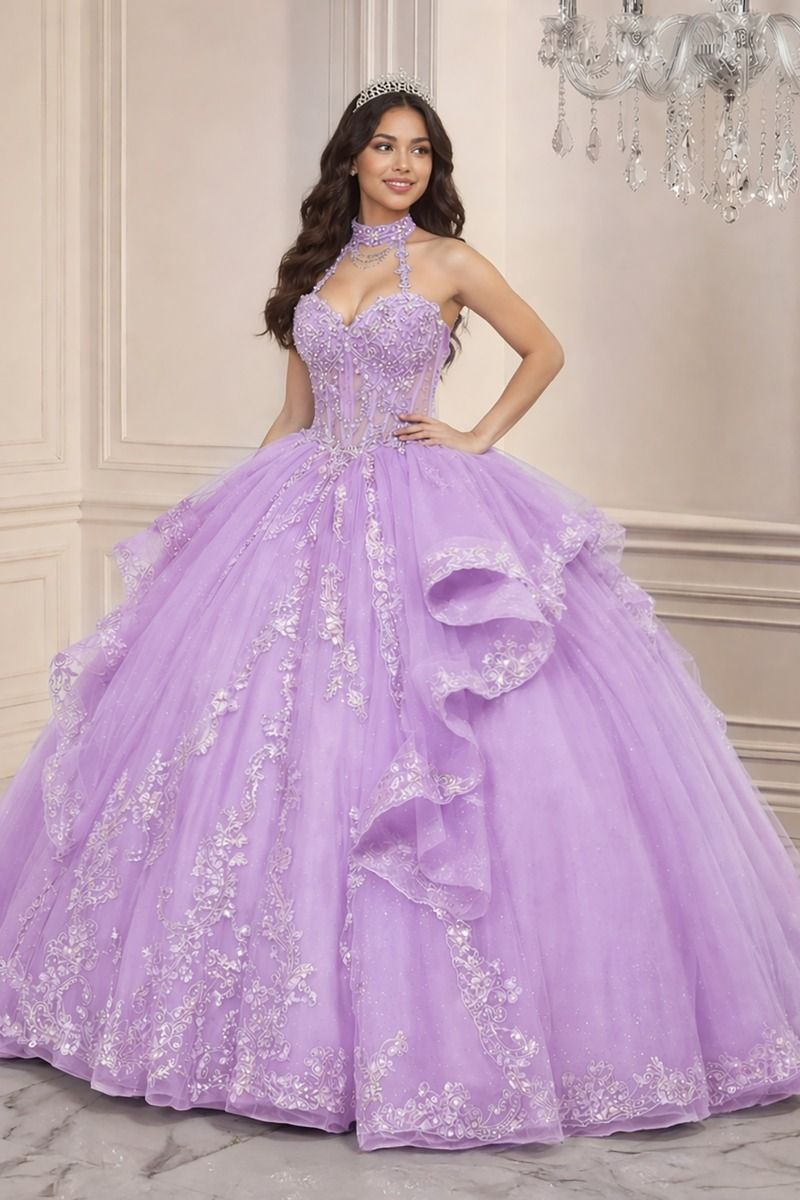 Ladivine 15741 Halter Neck Embellished Corset Quinceañera Ball Gown with Ruffled Skirt and Back Bow