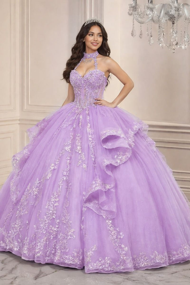 Ladivine 15741 Halter Neck Embellished Corset Quinceañera Ball Gown with Ruffled Skirt and Back Bow