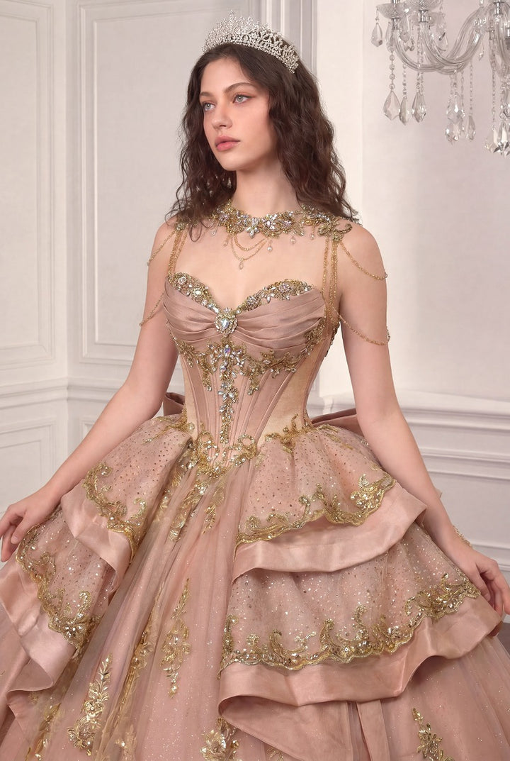 Ladivine 15744 illusion sleeve and beaded bodice detail in rose gold