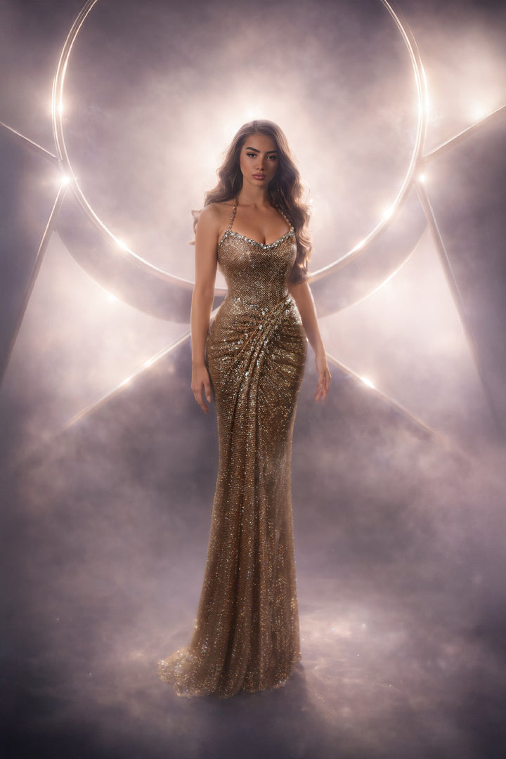 Delilah LD22047 Sequin Halter Sweetheart Draped Mermaid Evening Gown - Champagne front view