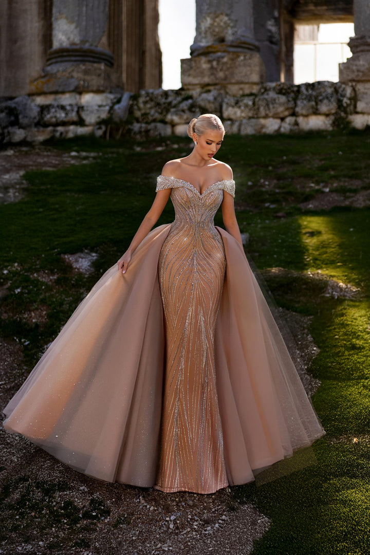 Delilah LD11416 Off-the-Shoulder Beaded Corset Mermaid Gown with Sparkle Overskirt - Champagne front view