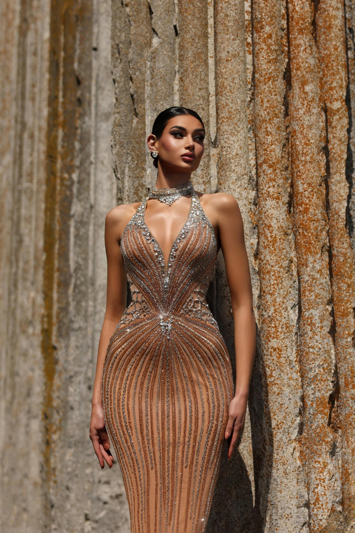 Delilah LD11489 Beaded Choker Collar Plunging Halter Sheath Gown with Sheer Back Cape - Champagne front view