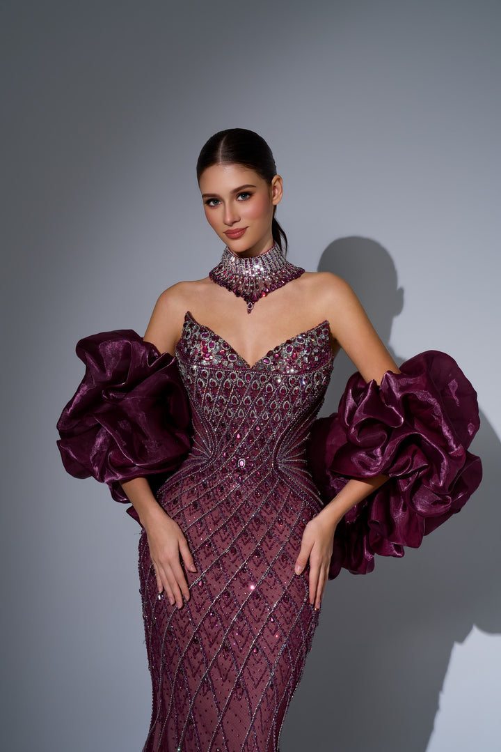 Delilah LD11689 Strapless Plunging Crystal Lattice Mermaid Gown with Puff Sleeves - Red close-up view