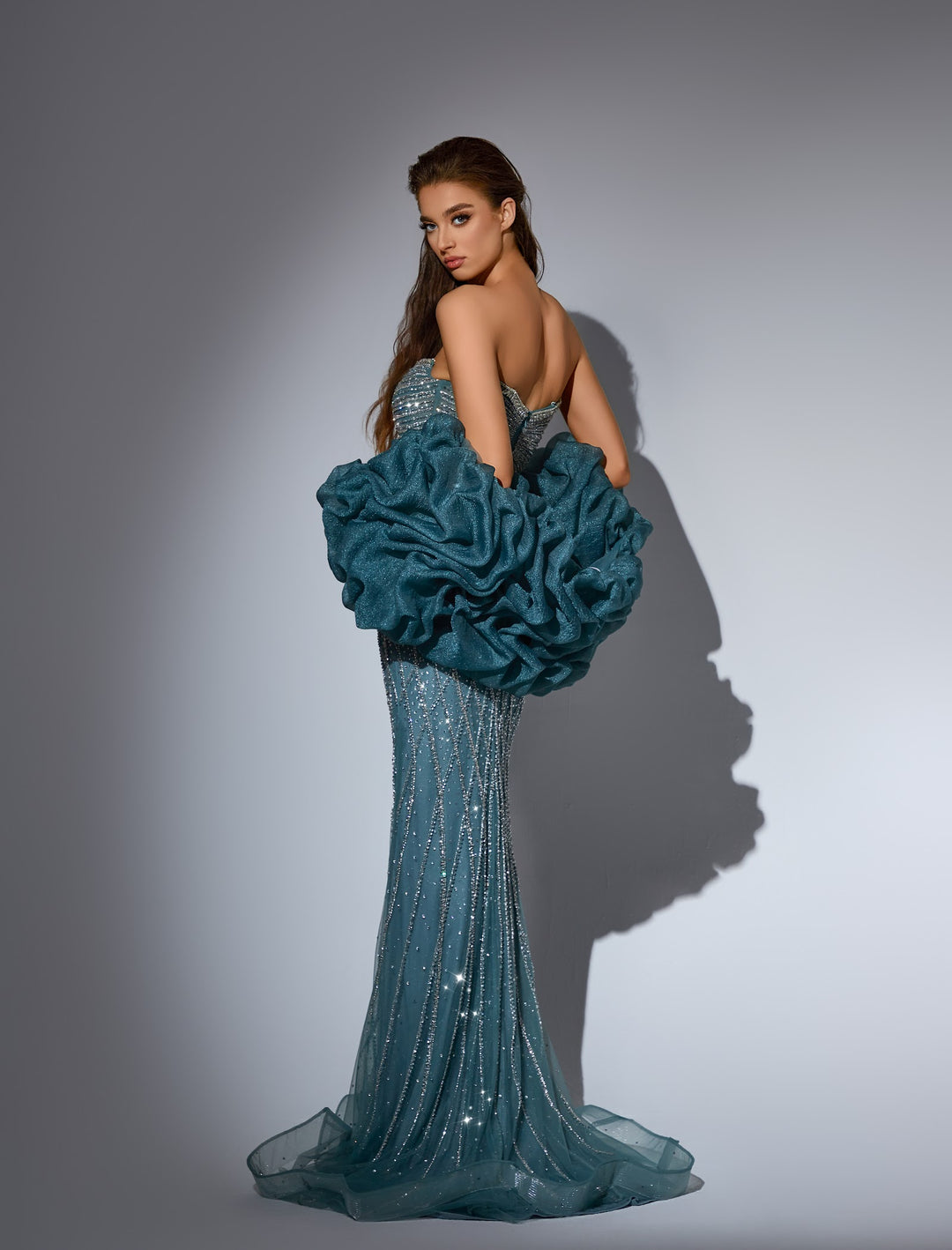 Delilah LD11466 Strapless Plunging Sweetheart Crystal Lattice Mermaid Gown with Ruffled Arm Puffs - Sage back view