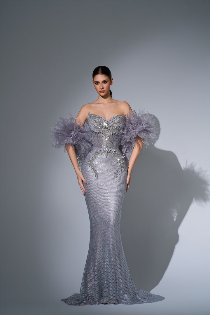Delilah LD12101 Strapless Crystal Embroidered Mermaid Gown with Feather Arm Wrap - Grey front view