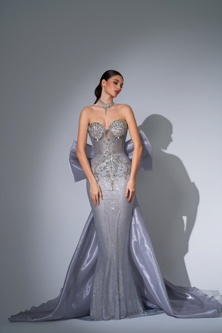Delilah LD12064 Strapless Crystal Cup Mermaid Gown with Oversized Back Bow Train - Grey front view