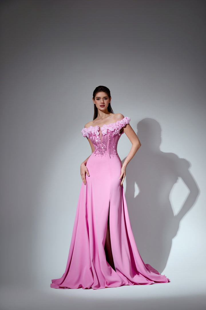 Delilah LD41020 Off-the-Shoulder Ruffle Beaded Corset Mermaid Gown with Slit - Pink front view
