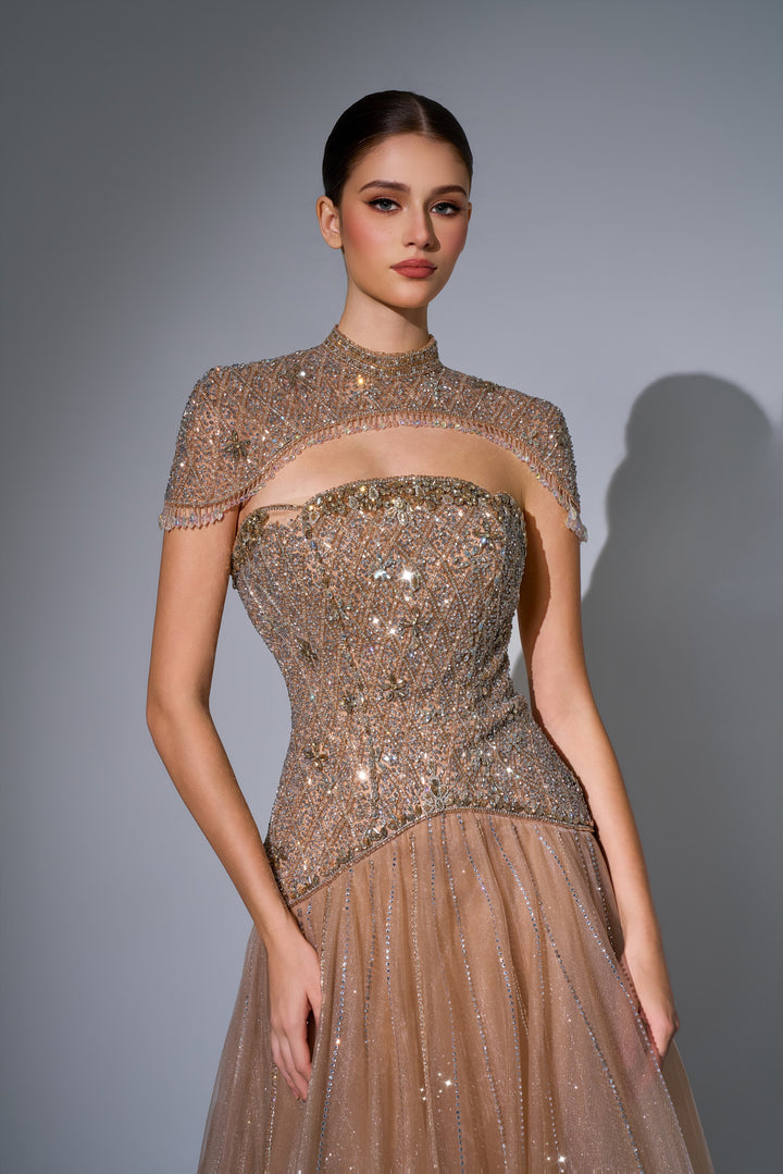 Delilah LD11679 Strapless Crystal Basque Ball Gown with High Neck Beaded Bolero - Champagne close-up view