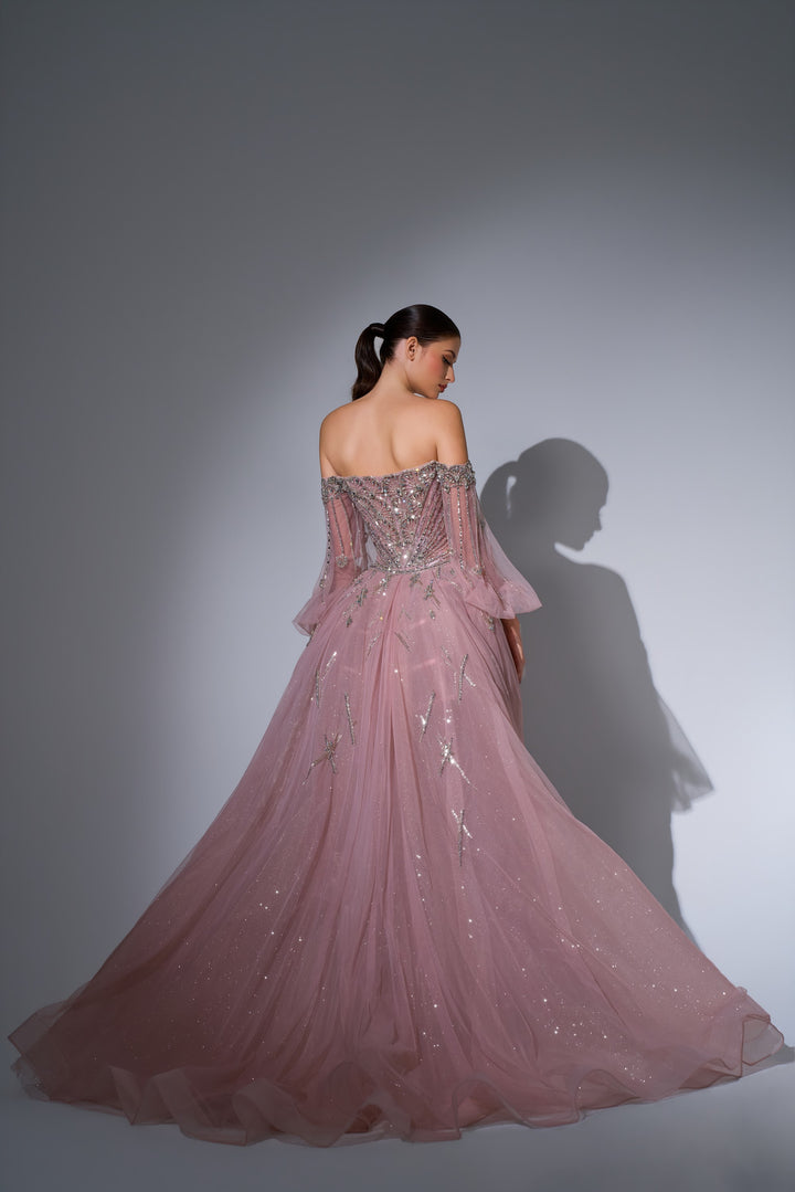 Delilah LD11622 Off-the-Shoulder Puff Sleeve Lattice Beaded Mermaid Gown with Tulle Overskirt - Pink back view