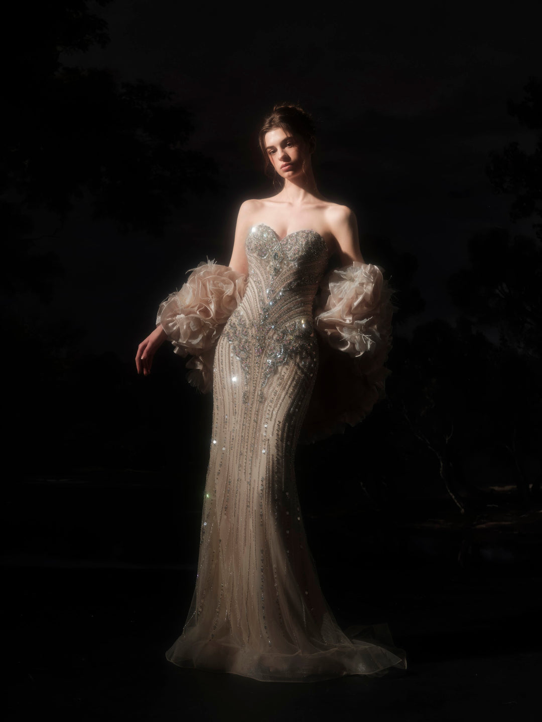 Delilah SH12061 Strapless Crystal Corset Mermaid Gown with Ruffled Feather Arm Wrap - Champagne front view