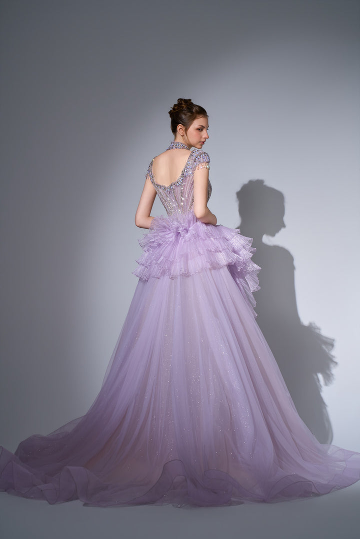 Delilah SH12057 High Neck Cap Sleeve Crystal Mermaid Gown with Ruffled Overskirt - Lilac back view