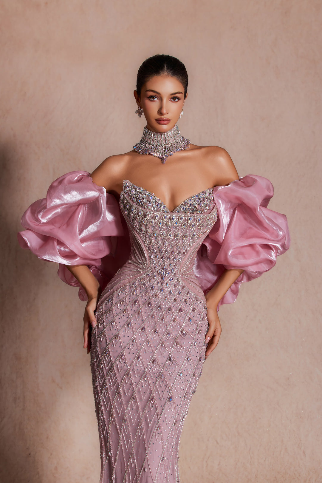 Delilah LD11689 Strapless Plunging Crystal Lattice Mermaid Gown with Puff Sleeves - Pink close-up view