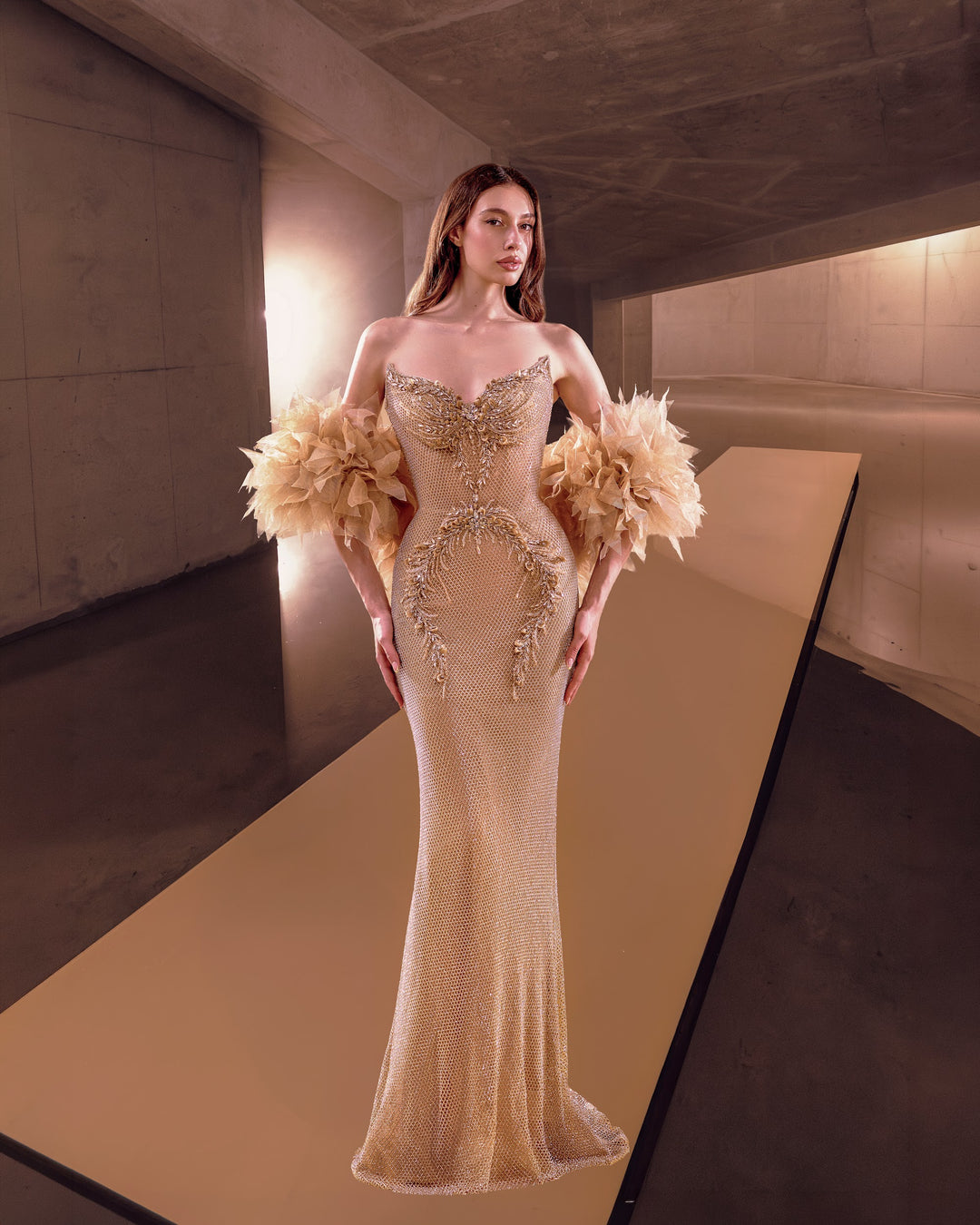 Delilah LD12101 Strapless Crystal Embroidered Mermaid Gown with Feather Arm Wrap - Champagne front view
