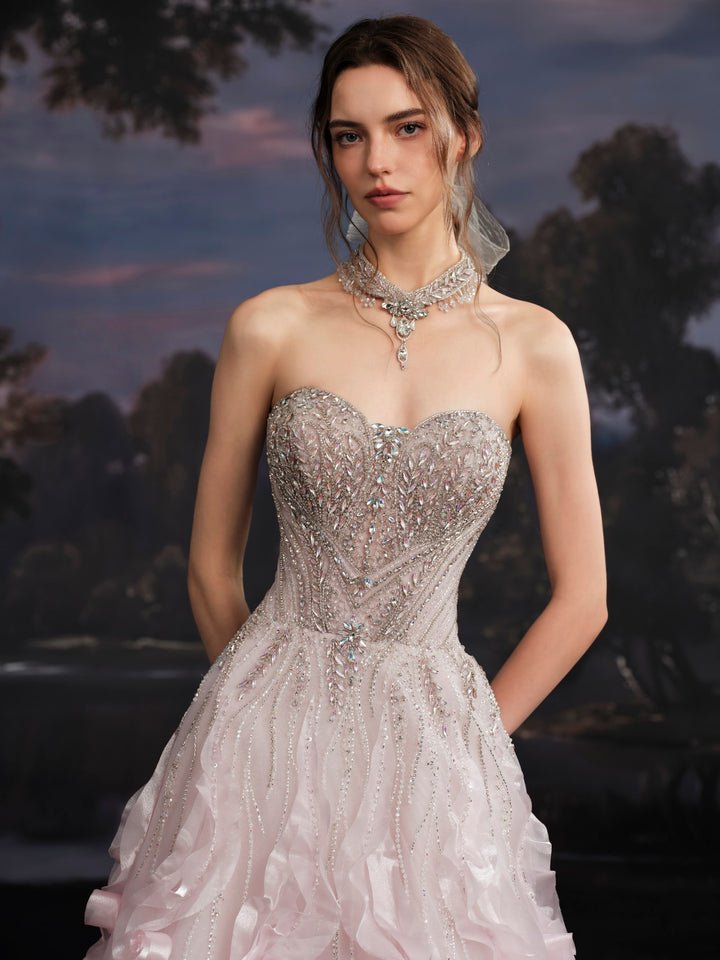 Delilah SH12068 Maxi Strapless Crystal Corset Ball Gown with 3D Rosette Skirt - Pink close-up view