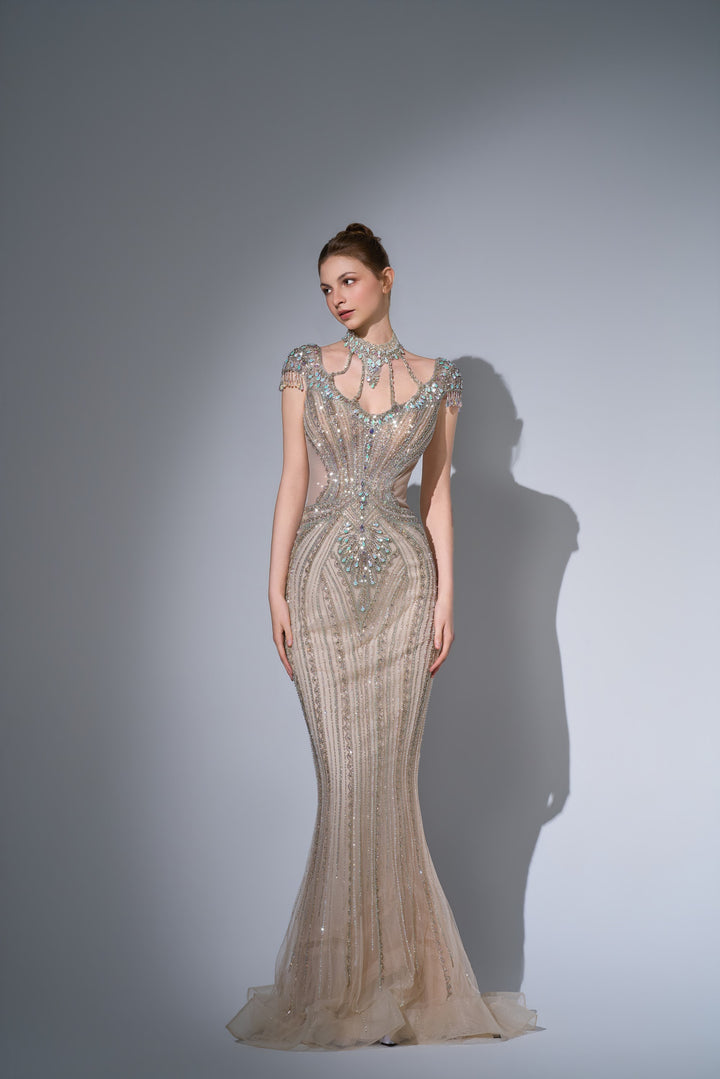 Delilah SH12057 High Neck Cap Sleeve Crystal Mermaid Gown with Ruffled Overskirt - Champagne front view