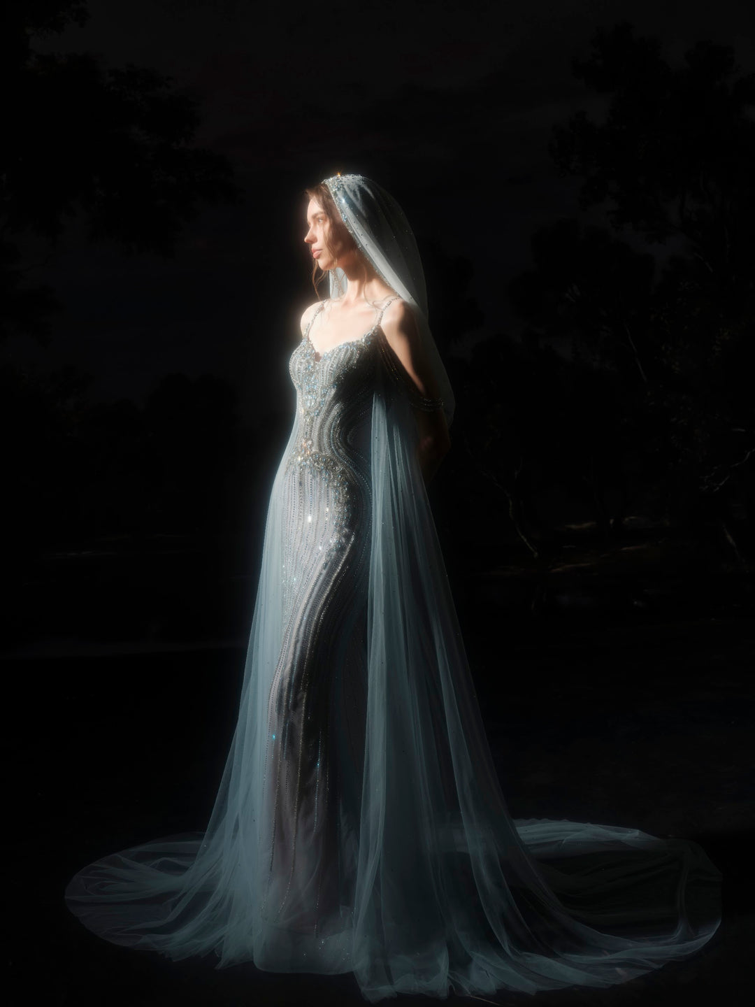 Delilah SH12078 Spaghetti Strap Crystal Beaded Mermaid Gown with Sheer Tulle Cape - G.Blue side view