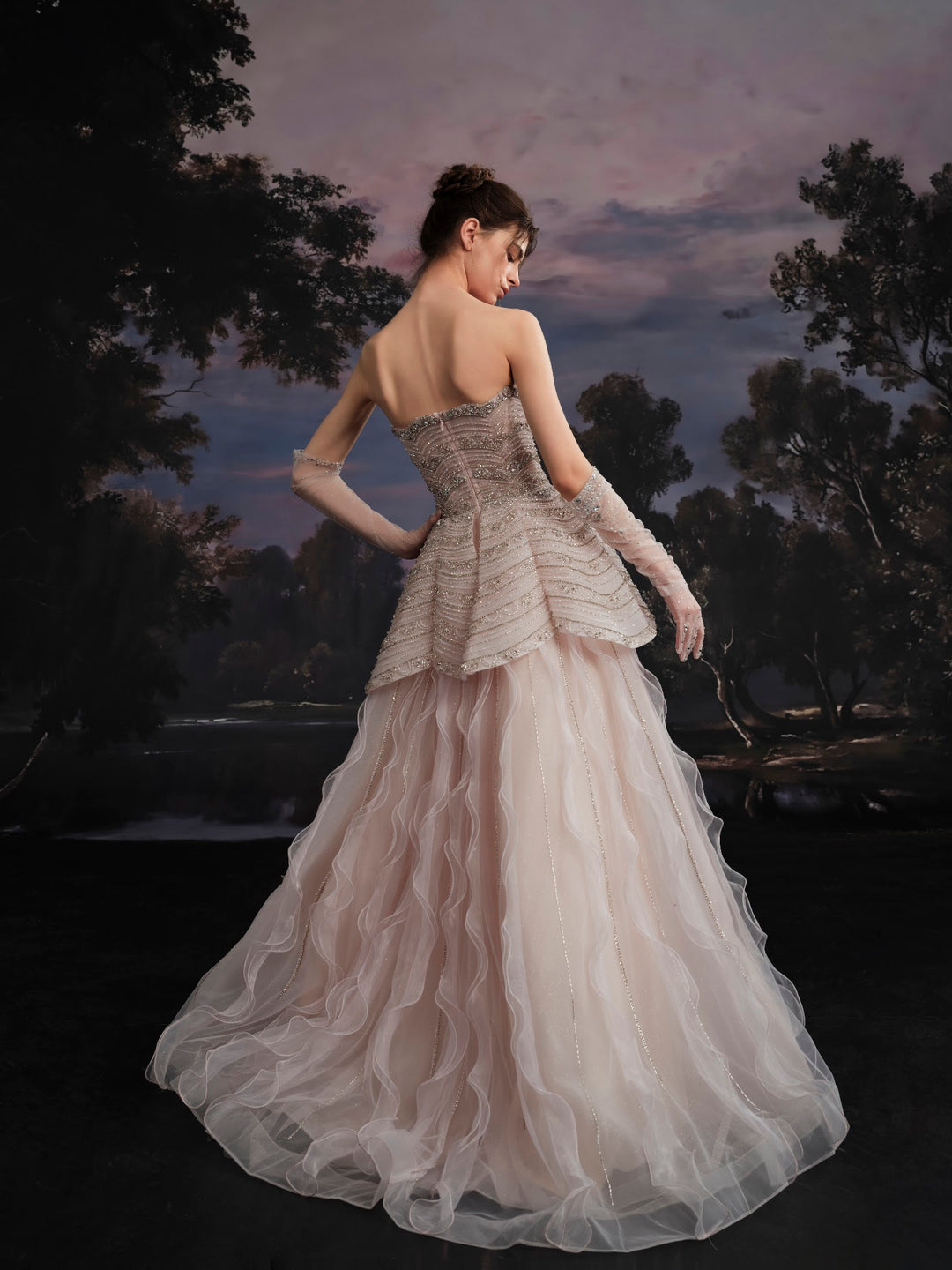 Delilah SH12091 Strapless Beaded Tiered Peplum Ball Gown with Ruffled Tulle Skirt - Pink back view