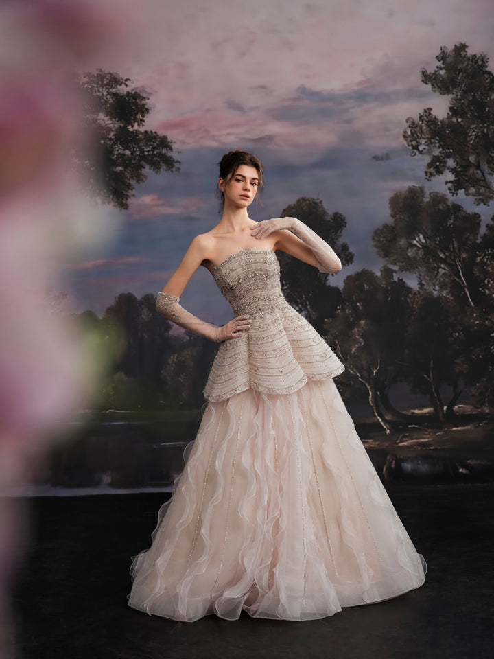 Delilah SH12091 Strapless Beaded Tiered Peplum Ball Gown with Ruffled Tulle Skirt - Pink front view