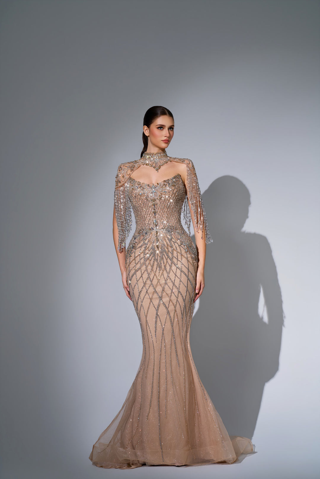 Delilah LD11692 High Neck Crystal Fringe Capelet Lattice Mermaid Gown - Champagne front view