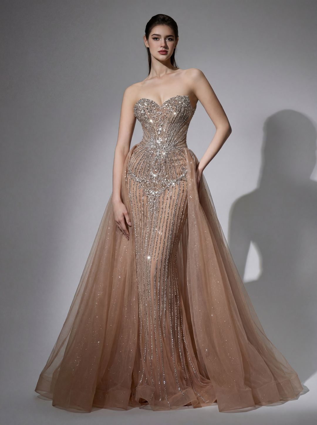 Delilah LD12047 Strapless Sweetheart Beaded Corset Sheath Gown with Bow Overskirt - Champagne front view