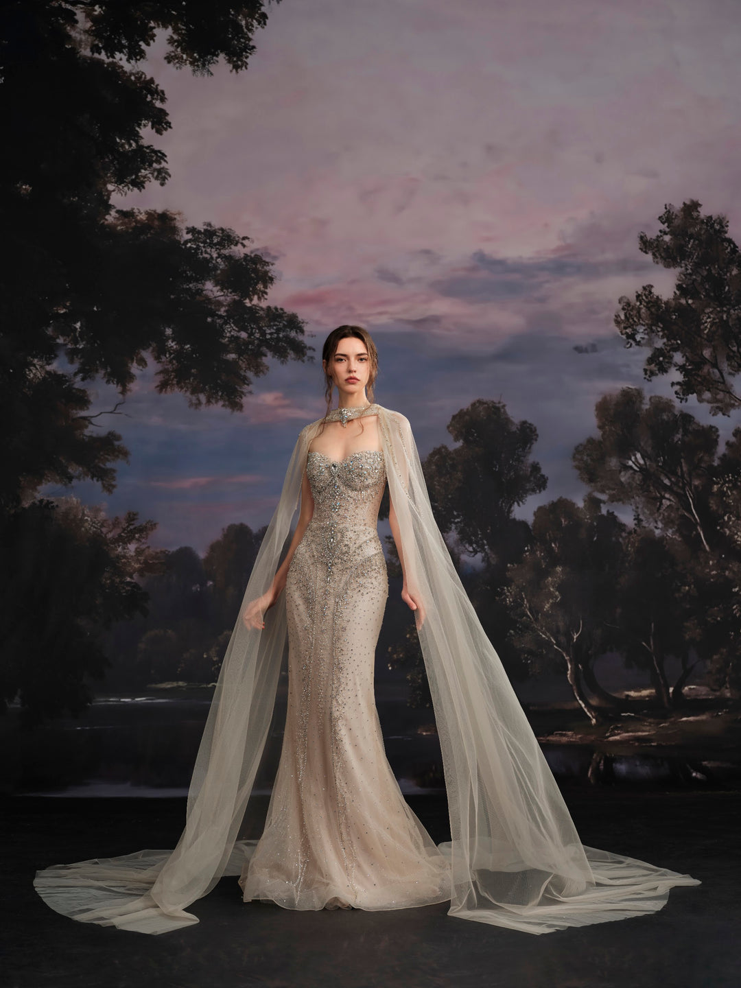 Delilah SH12066 Off-the-Shoulder Crystal Corset Mermaid Gown with Choker Tulle Cape - Champagne front view