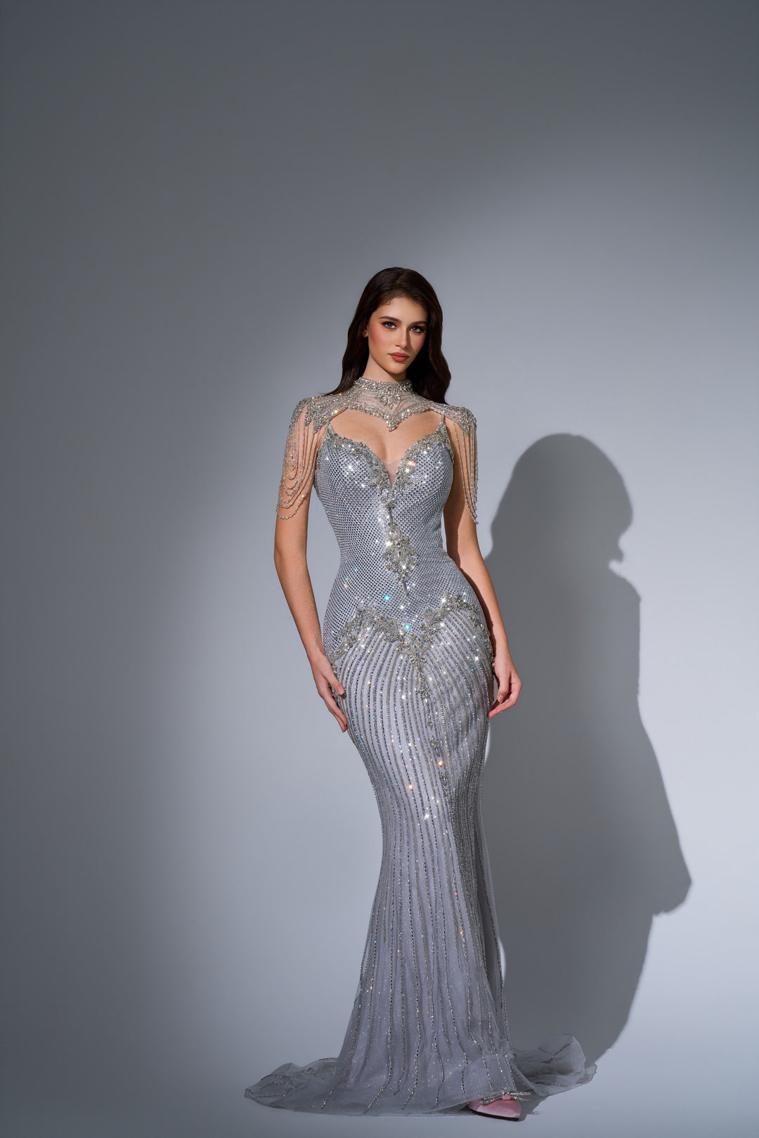 Delilah LD11681 High Neck Heart Keyhole Crystal Fringe Mermaid Gown - Silver front view