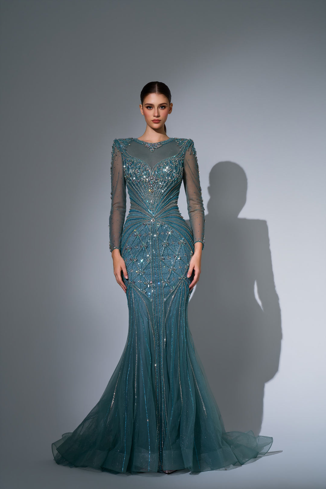 Delilah LD11592 Illusion High Neck Long Sleeve Sunburst Beaded Mermaid Gown - Green front view