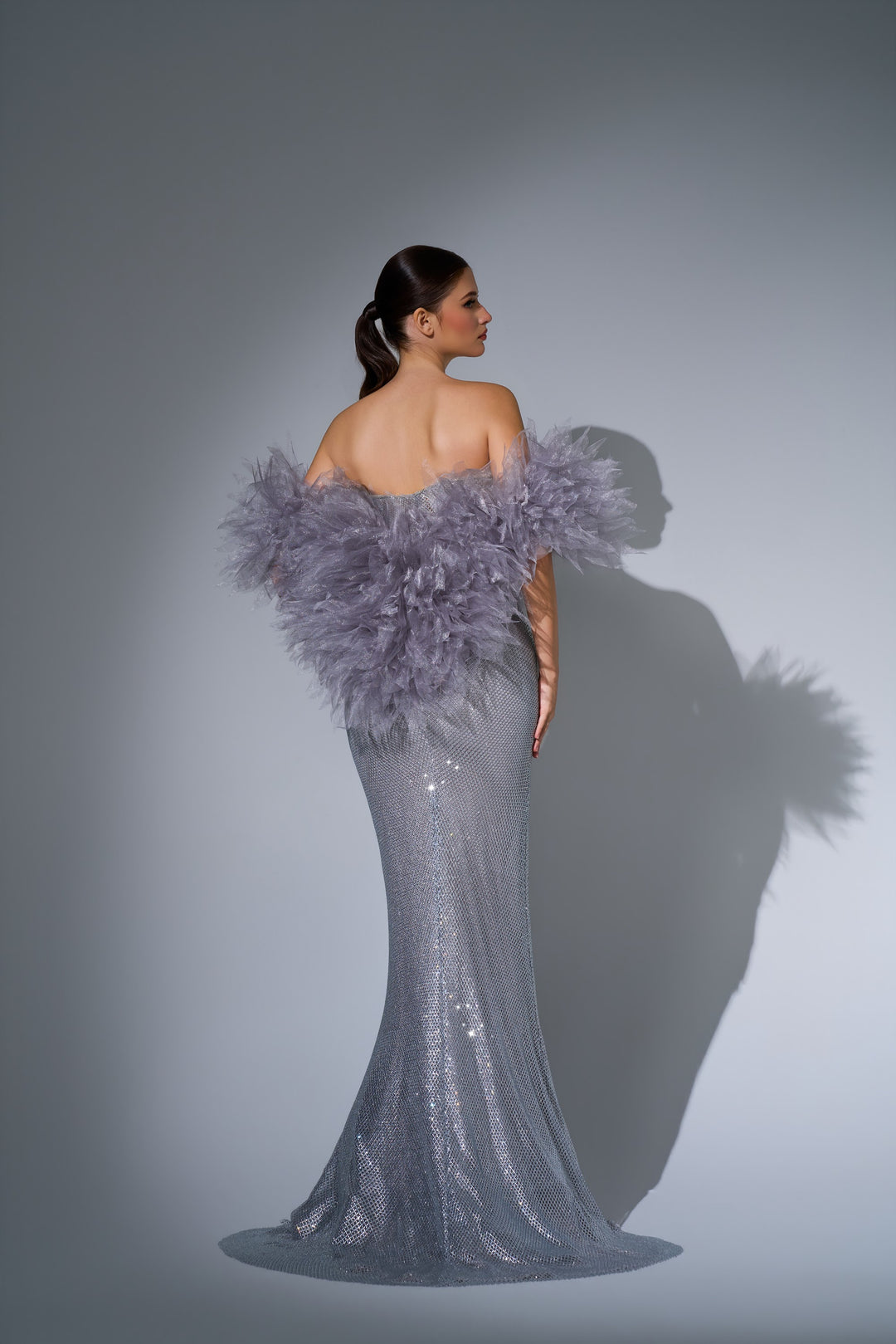 Delilah LD12101 Strapless Crystal Embroidered Mermaid Gown with Feather Arm Wrap - Grey back view