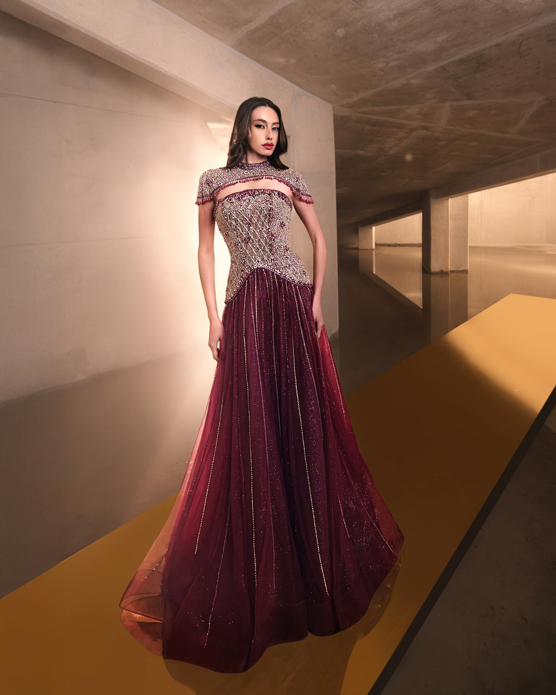 Delilah LD11679 Strapless Crystal Basque Ball Gown with High Neck Beaded Bolero - Red front view