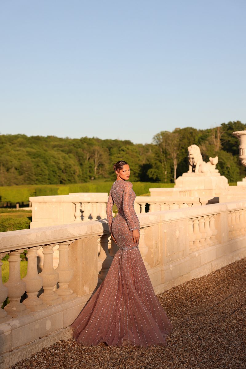 Chic & Holland HF110615 Crew Neckline Long Sleeves Fully Beaded Grid Mermaid Couture Dress