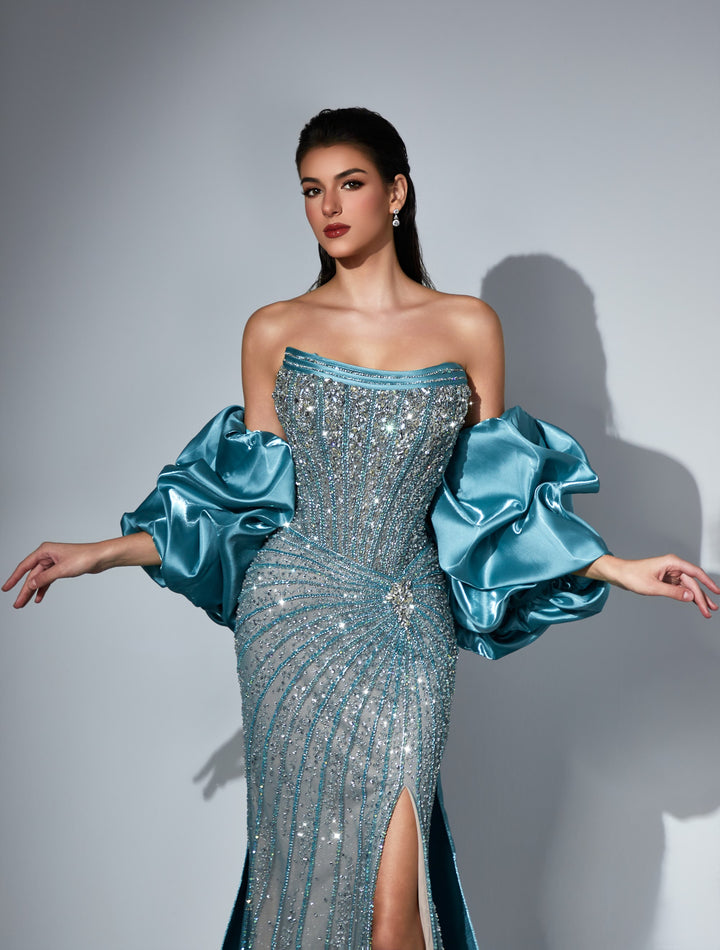 Delilah LD11438 Strapless Beaded Mermaid Gown with Satin Puff Sleeves and Overskirt - Green front view