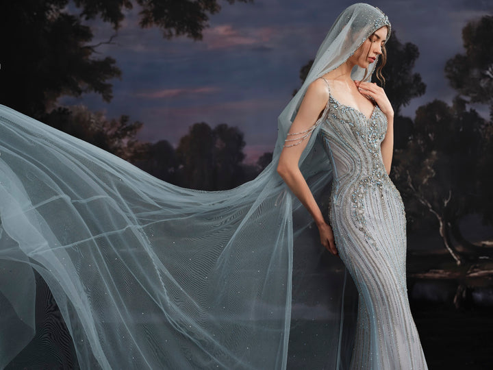 Delilah SH12078 Spaghetti Strap Crystal Beaded Mermaid Gown with Sheer Tulle Cape - G.Blue side view