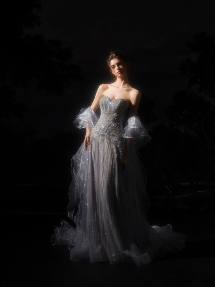 Delilah SH12070 Strapless Crystal Corset Column Gown with Ruffled Organza Stole - Purple front view