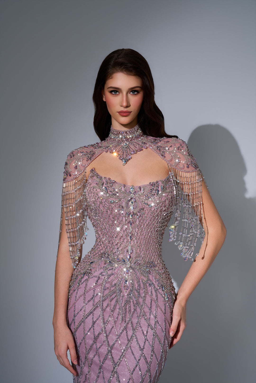 Delilah LD11692 High Neck Crystal Fringe Capelet Lattice Mermaid Gown - Pink close-up view