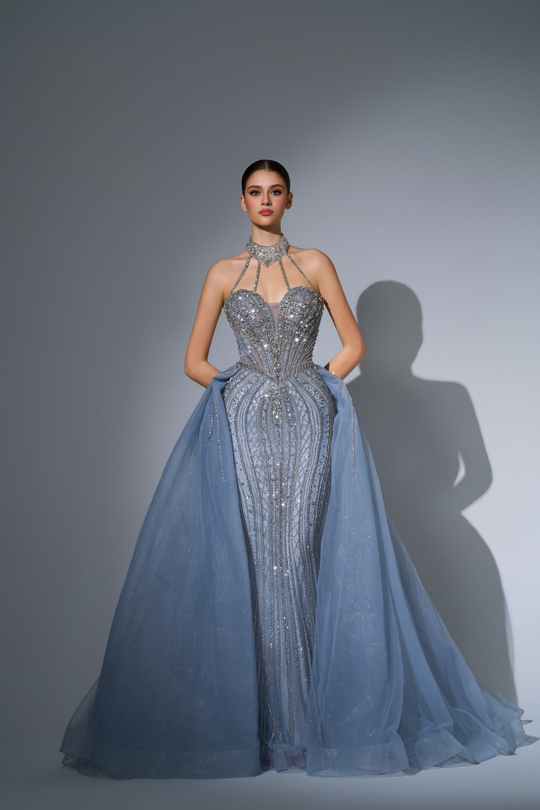 Delilah LD12027 Crystal Choker Halter Plunging Mermaid Gown with Tulle Overskirt - Grey front view