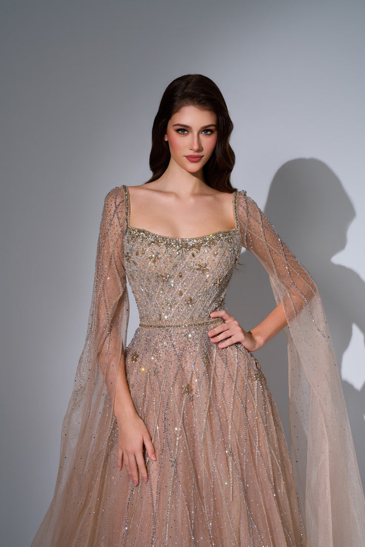 Delilah LD11676 Square Neck Cape Sleeve Beaded A-Line Gown - Champagne close-up view
