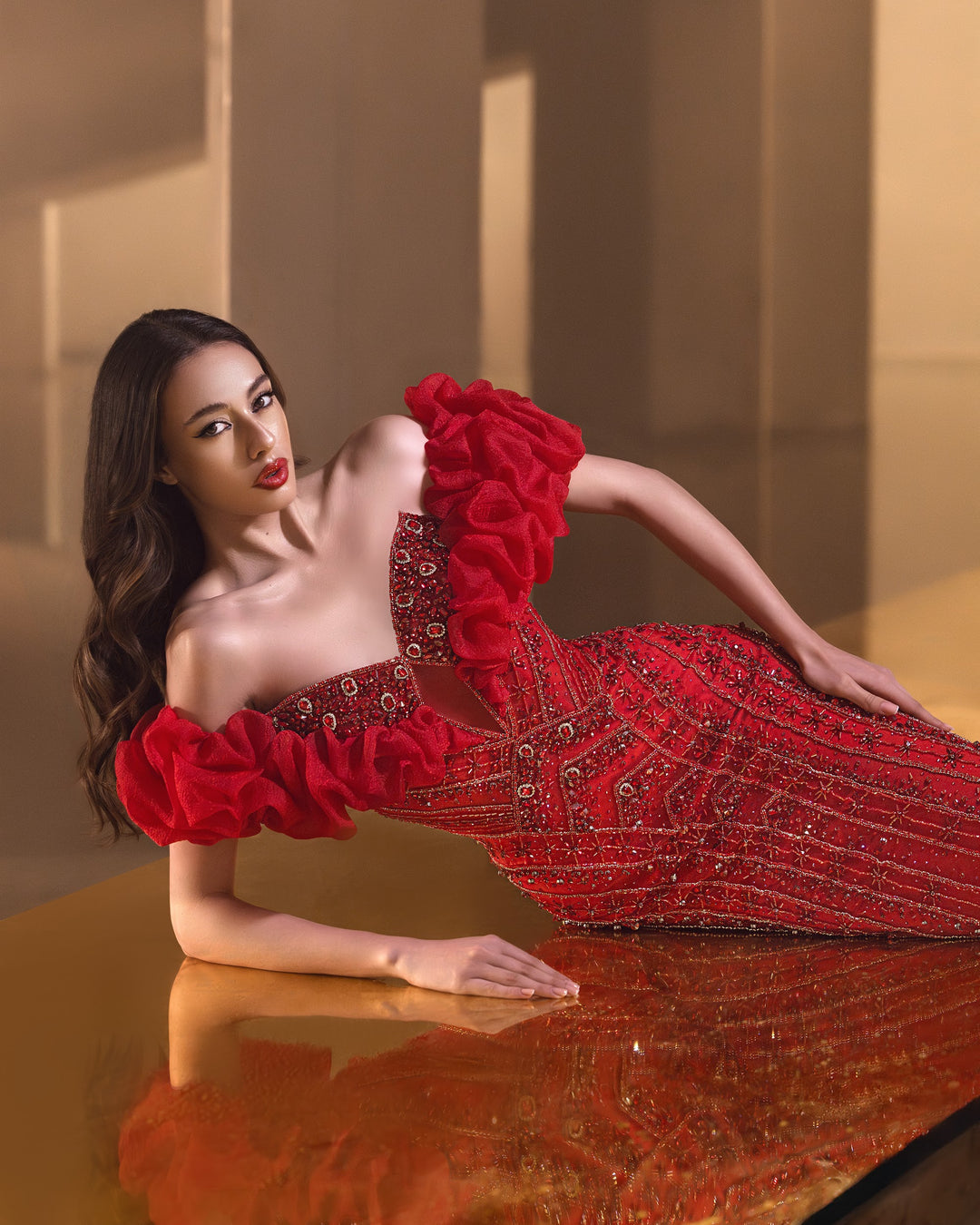 Delilah LD23025 Off-the-Shoulder Ruffle Crystal Beaded Mermaid Gown - Red close-up view