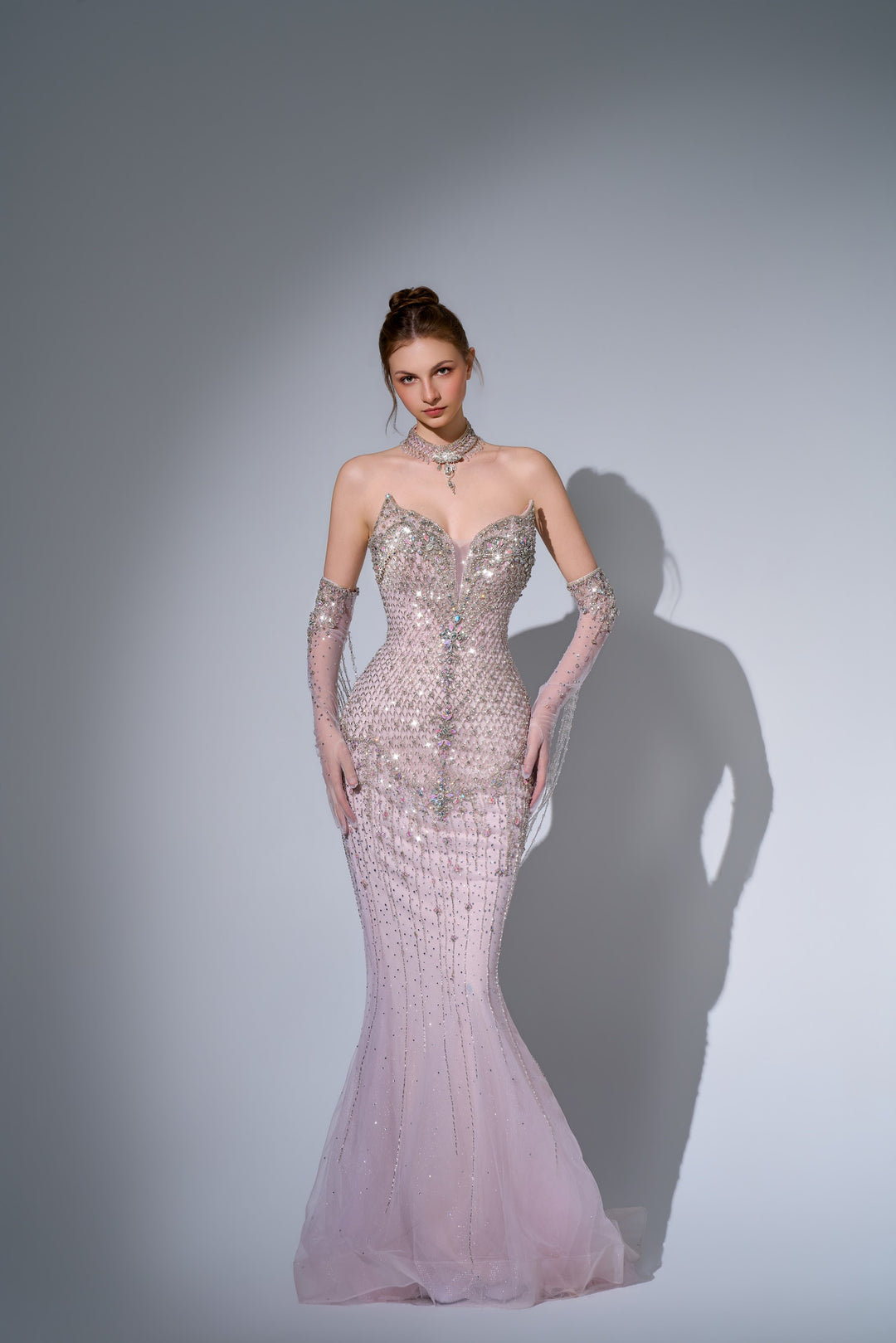 Delilah SH12075 Strapless Plunging Crystal Lattice Corset Mermaid Gown with Choker - Pink front view