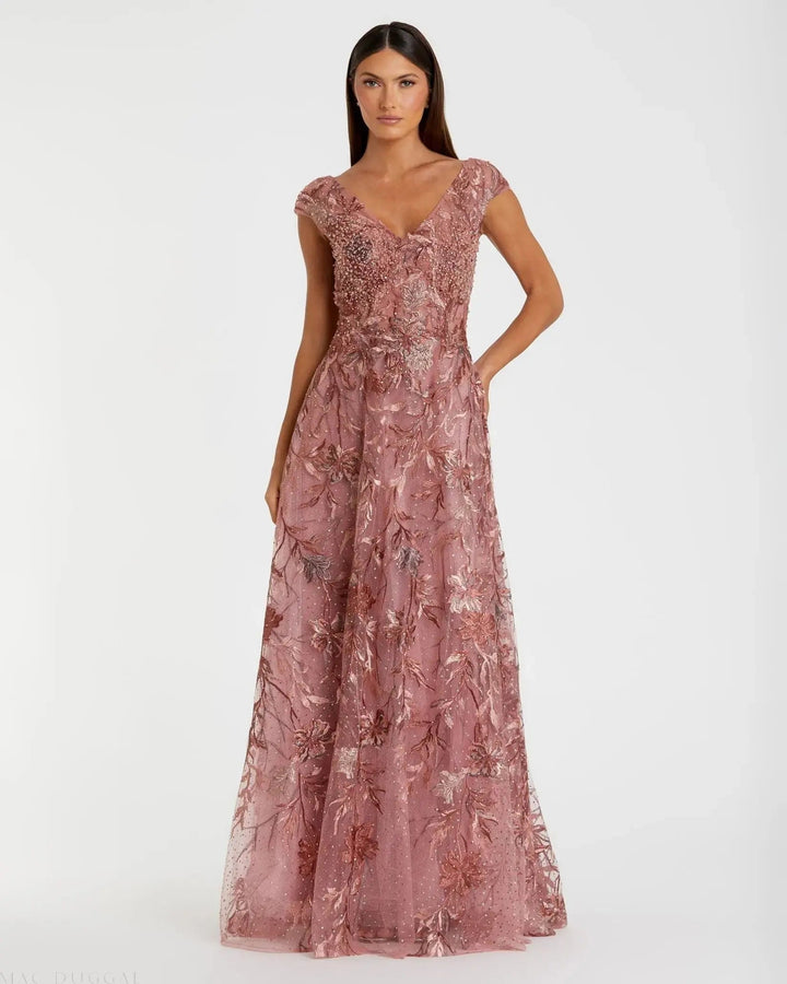 Mac Duggal 20263 Embroidered Illusion Cap Sleeve A Line Gown