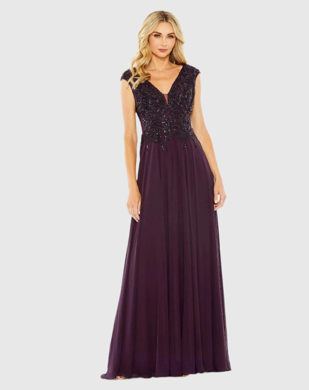 Mac Duggal 20264 Light Cap Sleeve Applique Bodice Flowy Gown
