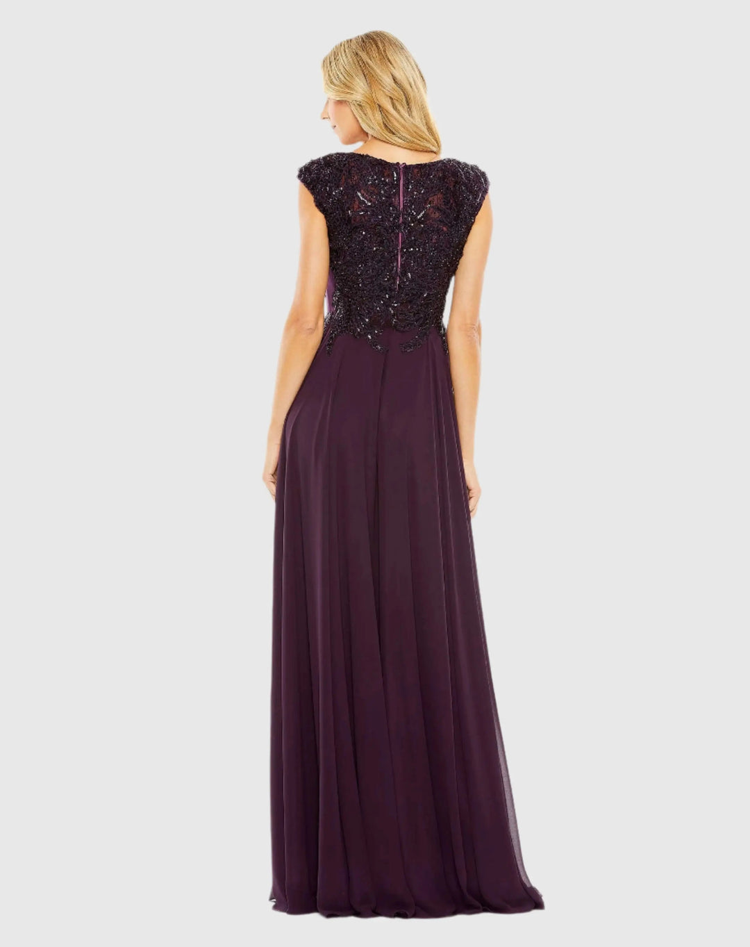 Mac Duggal 20264 Light Cap Sleeve Applique Bodice Flowy Gown
