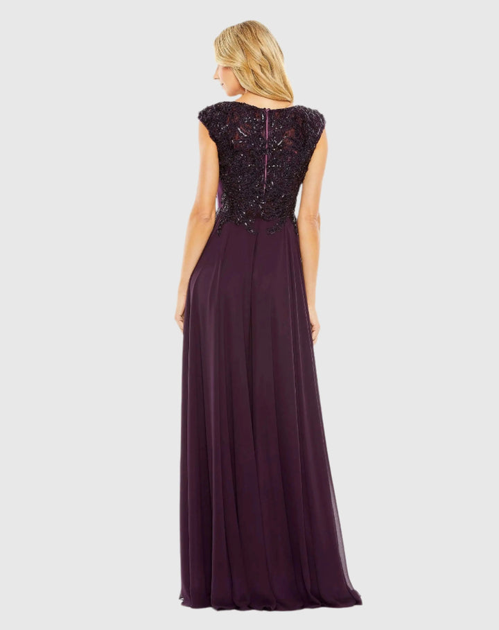 Mac Duggal 20264 Light Cap Sleeve Applique Bodice Flowy Gown